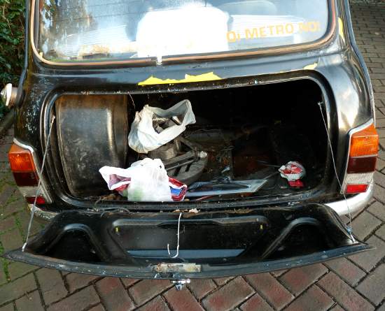 Austin Mini City as it was when we towed it onto the drive.